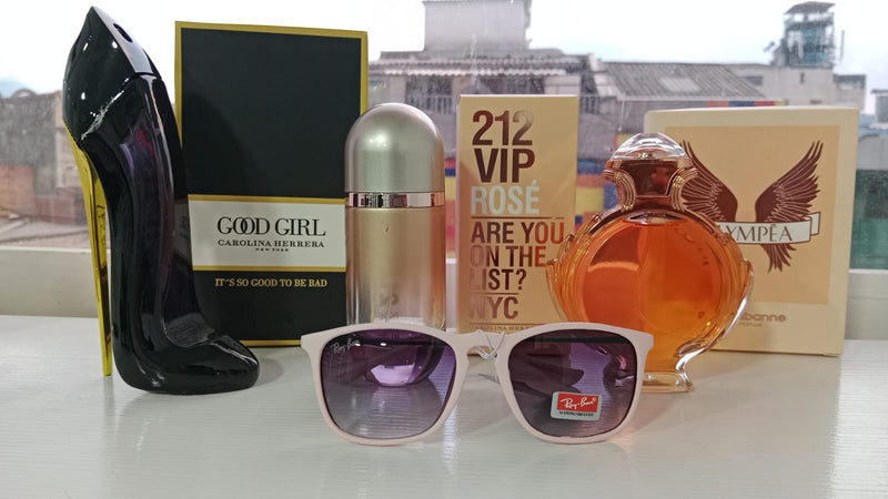 KIT PERFUMES AA (GOOD GIR + OLYMPEA + 212 VIP ROSE + GAFAS RAYBAN NEGRAS) PERFUMES PARA DAMA CON CAJA SELLADOS + GAFAS