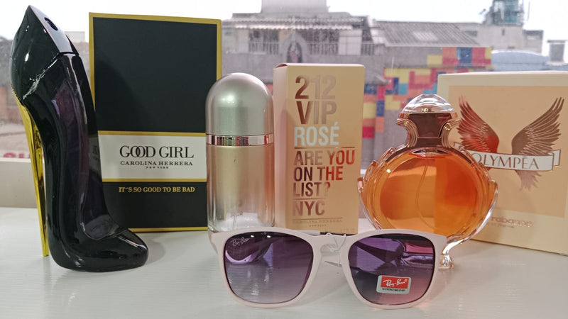 KIT PERFUMES AA (GOOD GIR + OLYMPEA + 212 VIP ROSE + GAFAS RAYBAN NEGRAS) PERFUMES PARA DAMA CON CAJA SELLADOS + GAFAS