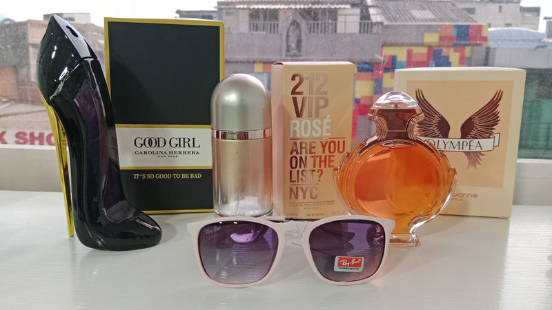 KIT PERFUMES AA (GOOD GIR + OLYMPEA + 212 VIP ROSE + GAFAS RAYBAN NEGRAS) PERFUMES PARA DAMA CON CAJA SELLADOS + GAFAS